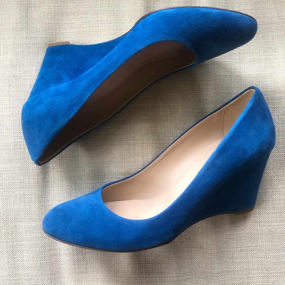 j crew blue suede wedge heels, women’s size 11